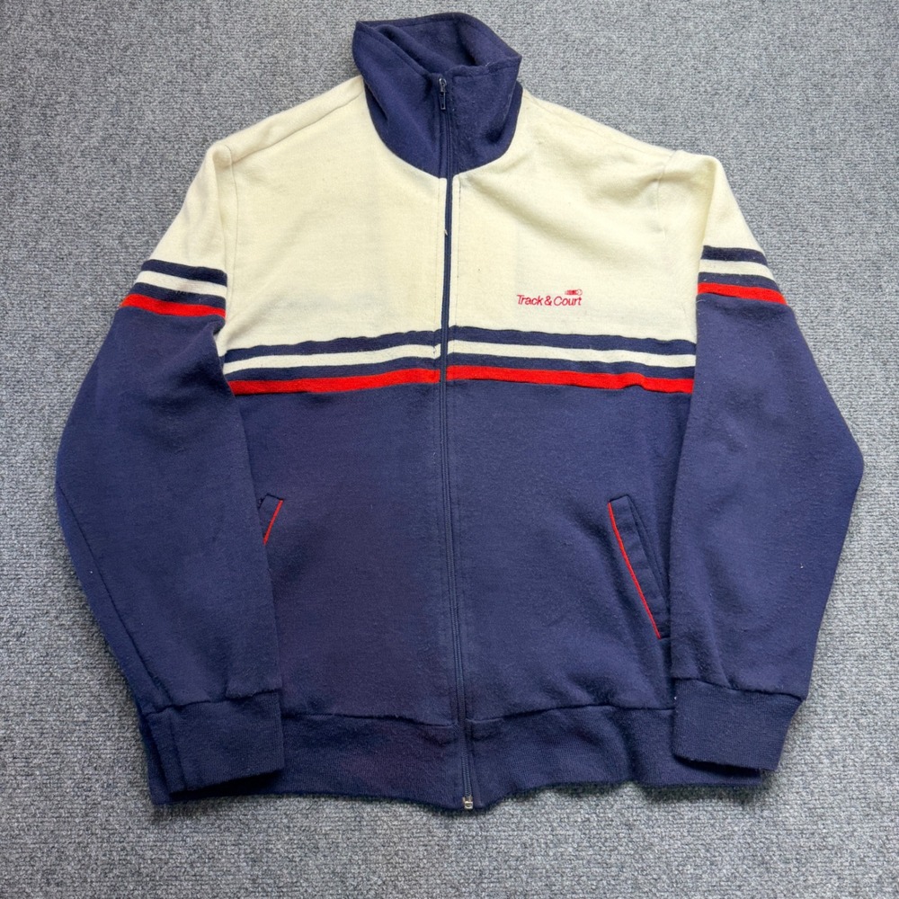 Vintage Track & Court Navy Cream Red Striped Full Zip Track Jacket Mens Large
